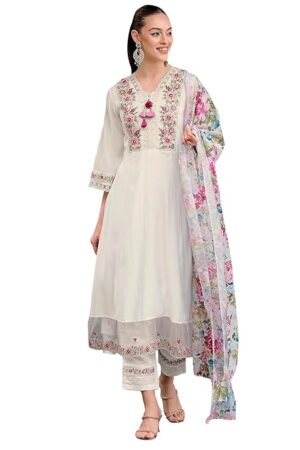 INDO ERA Women's Silk Blend Embroidered A-Line Kurta Pant with Dupatta Set